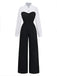 Classic 80s black white colorblock mock two-piece lapel jumpsuit styled for vintage office wear and retro business occasions