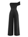 Back view of the black one-shoulder jumpsuit on a white background, highlighting its timeless silhouette.
