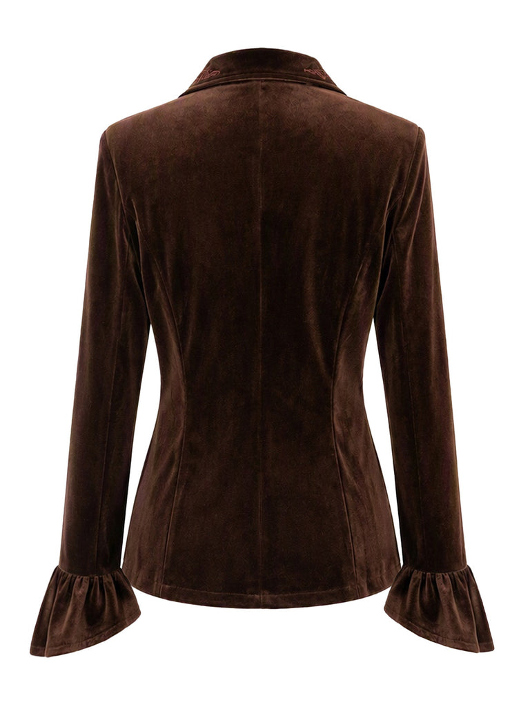 Blazer ajusté marron en velours à fleurs brodées et poignets évasés Années 1950 - 3