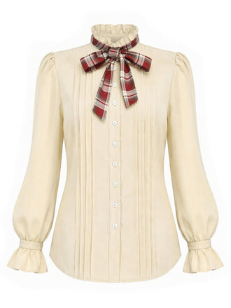 [Prévente] Blouse beige à carreaux, nœud, col volanté et manches bouffantes années 1970 - 2
