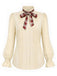 [Prévente] Blouse beige à carreaux, nœud, col volanté et manches bouffantes années 1970 - 2