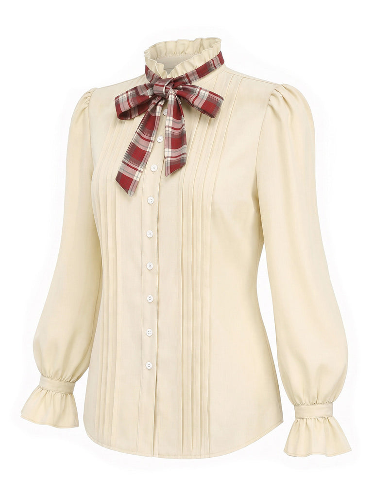 [Prévente] Blouse beige à carreaux, nœud, col volanté et manches bouffantes années 1970 - 3