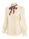 [Prévente] Blouse beige à carreaux, nœud, col volanté et manches bouffantes années 1970 - 3