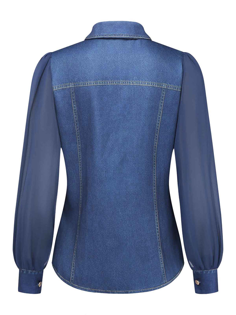 Blouse bleu marine en mousseline effet denim à col revers Années 1980 - 2