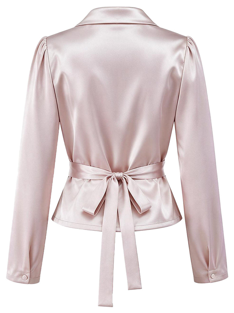 [Prévente] Blouse lavande en satin à col V, fronces et cordon années 1960 - 2