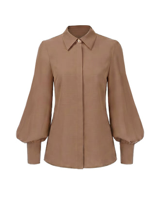 [Prévente] Blouse Marron à Revers, Manches Lanternes et Patte de Boutonnage Cachée Années 1940 - 1