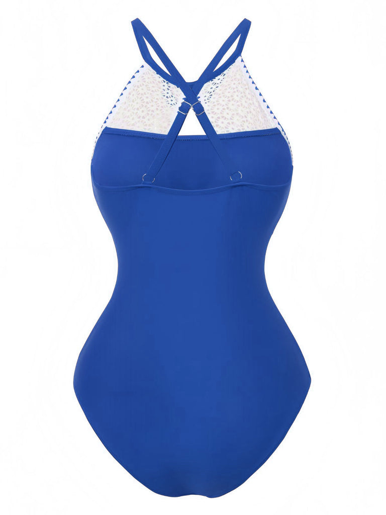Blue swimsuit with white lace detailing on a white background