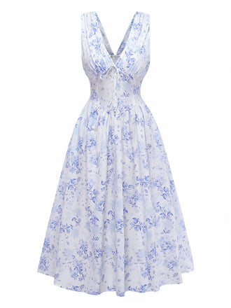 Bleu Floral Profond V Sans Manches Corset Robe Midi Années 1950 2