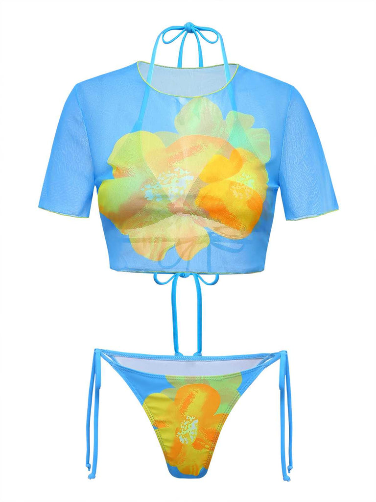 3PCS Ciel Bleu Floral Ensemble Bikini & Haut Court Années 1960 2