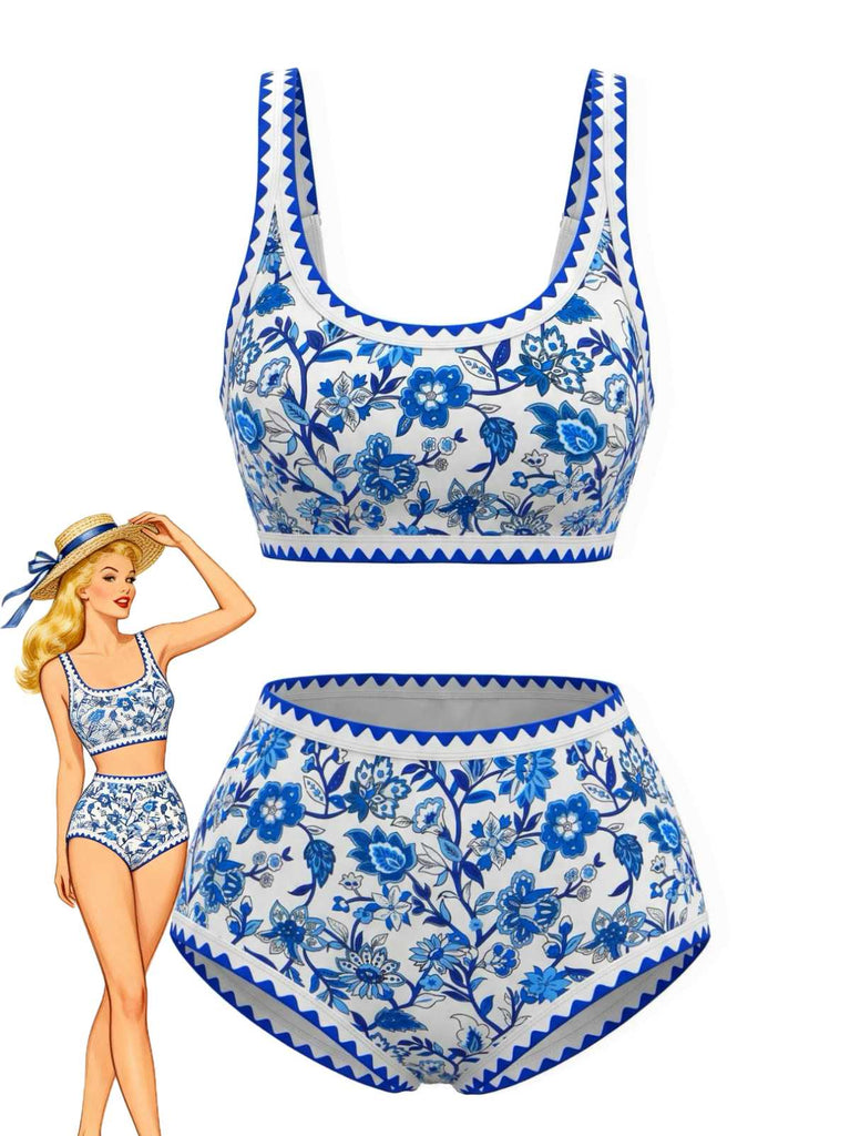 Col Rond Floral Taille Haute Ensemble Bikini Années 1950