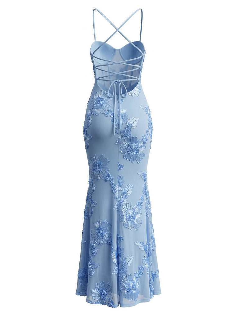 Bretelles Fines 3D Floral Maxi Robe Sirène Années 1930 2