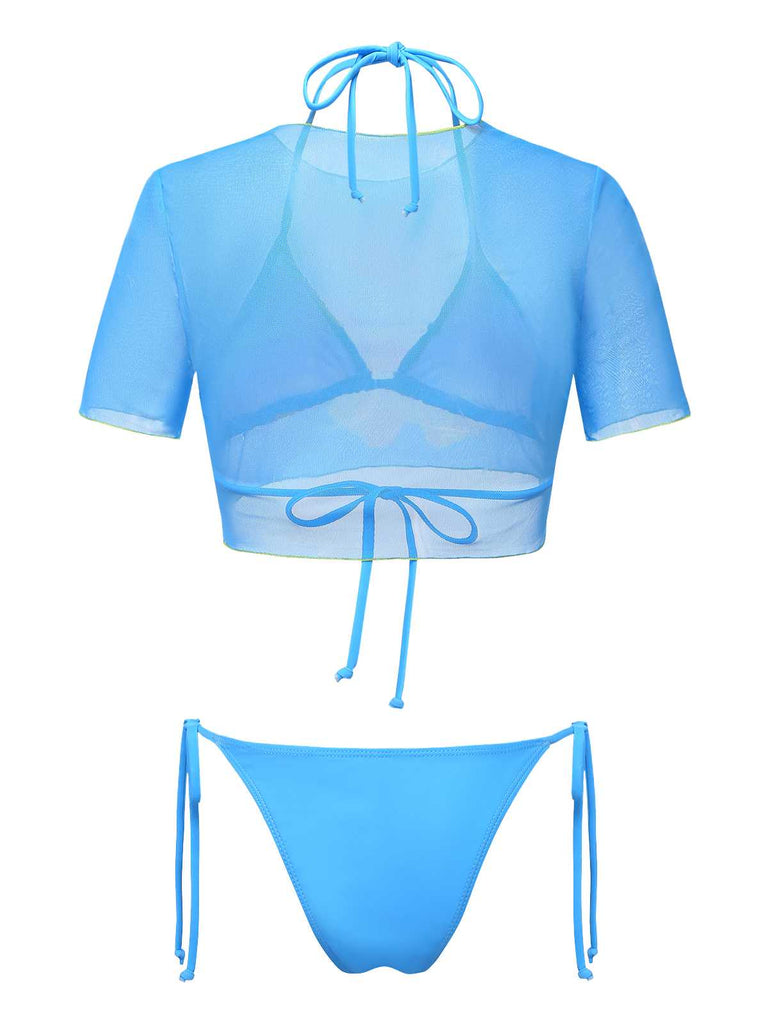 3PCS Ciel Bleu Floral Ensemble Bikini & Haut Court Années 1960 3