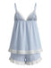 Back view of the striped pajama set highlighting the adjustable spaghetti straps and the clean silhouette of the ruffled shorts.