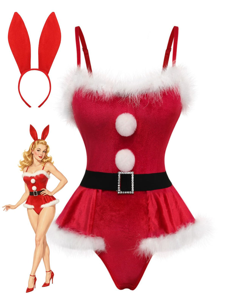 Body de Noël rouge en velours à bordure en fausse fourrure années 1960 - 1