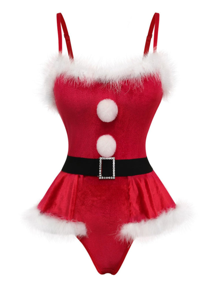 Body de Noël rouge en velours à bordure en fausse fourrure années 1960 - 3