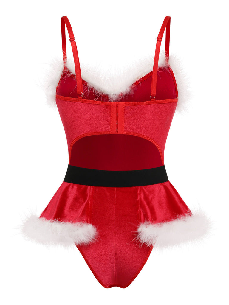 Body de Noël rouge en velours à bordure en fausse fourrure années 1960 - 4
