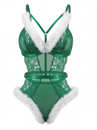 Body lingerie de Noël en dentelle à bordure en fausse fourrure années 1950 - 1