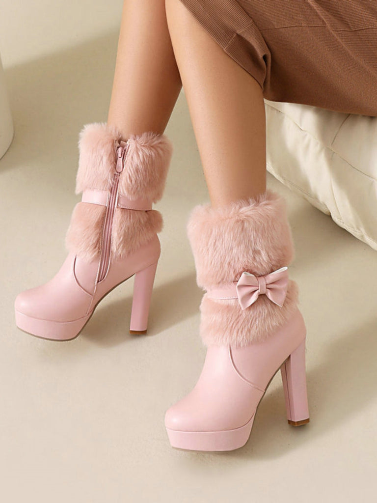 Bottes de Noël à talon épais, nœud et bordure en fausse fourrure - 10