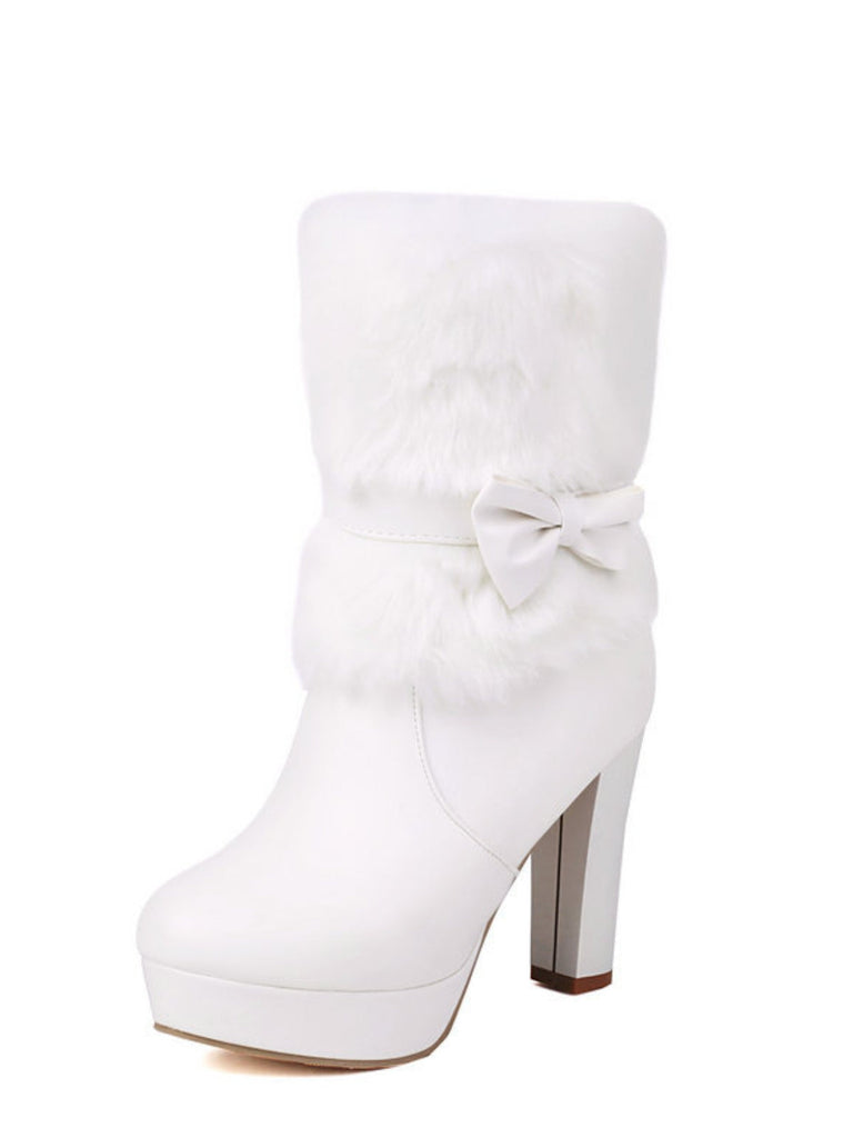 Bottes de Noël à talon épais, nœud et bordure en fausse fourrure - 11