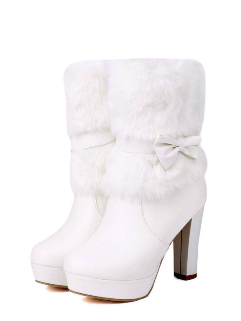 Bottes de Noël à talon épais, nœud et bordure en fausse fourrure - 12