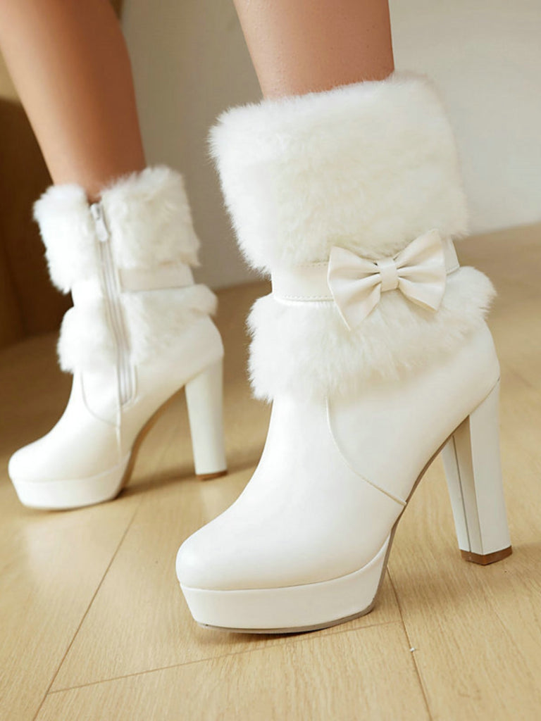 Bottes de Noël à talon épais, nœud et bordure en fausse fourrure - 13
