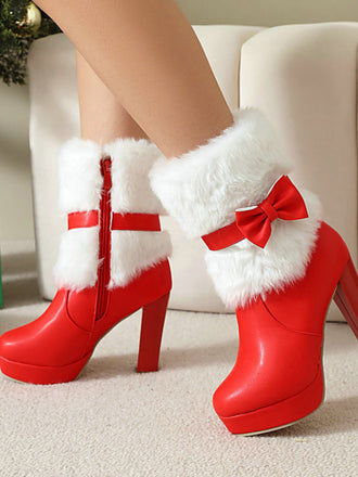 Bottes de Noël à talon épais, nœud et bordure en fausse fourrure - 1