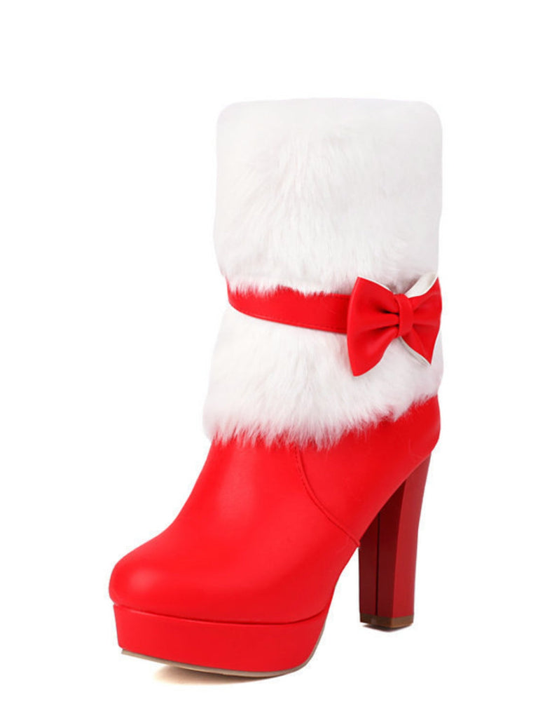 Bottes de Noël à talon épais, nœud et bordure en fausse fourrure - 2