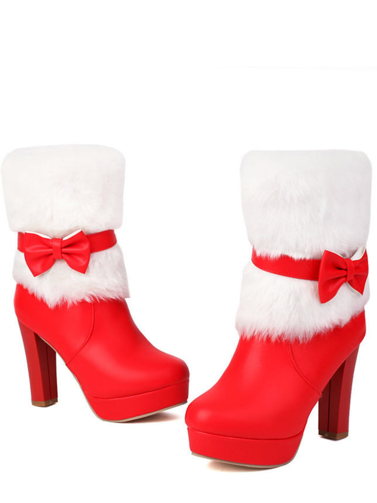 Bottes de Noël à talon épais, nœud et bordure en fausse fourrure - 3