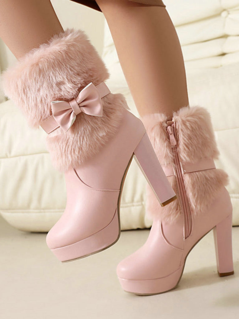 Bottes de Noël à talon épais, nœud et bordure en fausse fourrure - 9