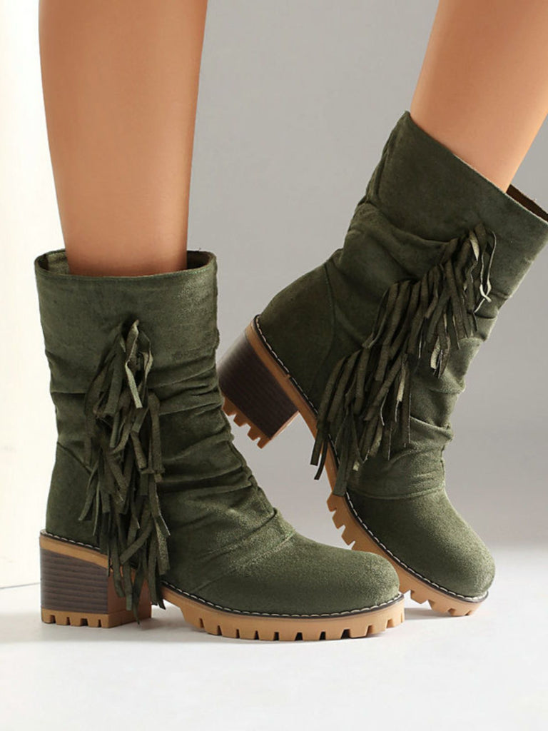 Bottes en suédine à revers modulable, franges et talons épais - 11