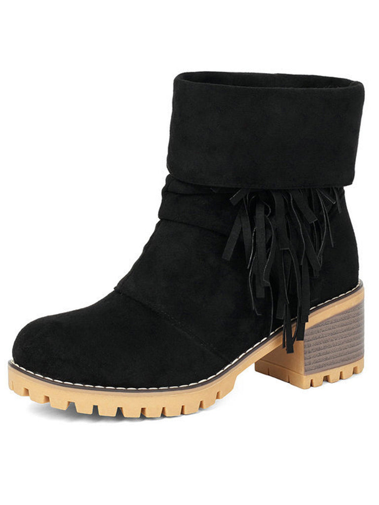 Bottes en suédine à revers modulable, franges et talons épais - 1