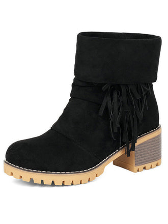 Bottes en suédine à revers modulable, franges et talons épais - 1