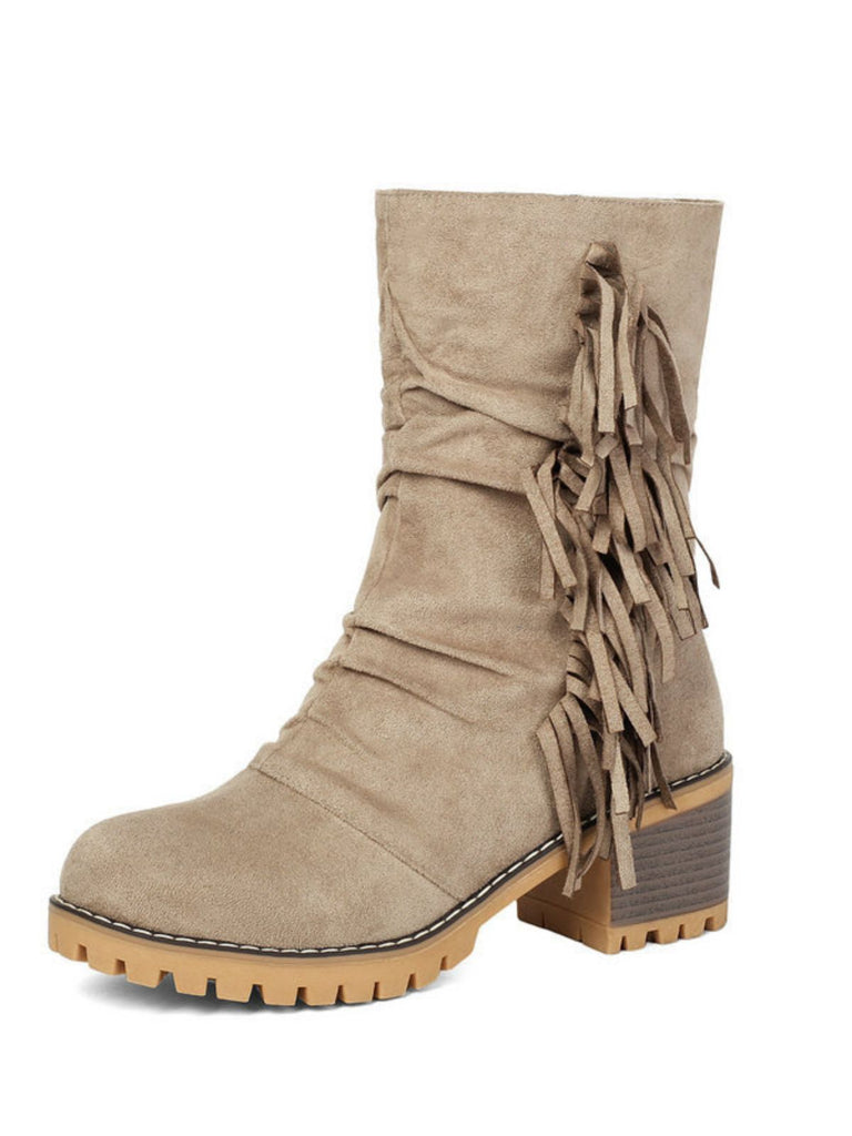 Bottes en suédine à revers modulable, franges et talons épais - 7