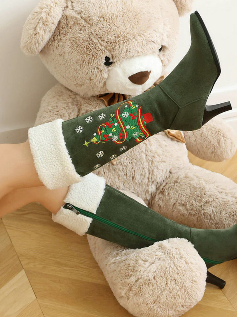Bottes en suédine à talons hauts et sapins de Noël brodés - 4