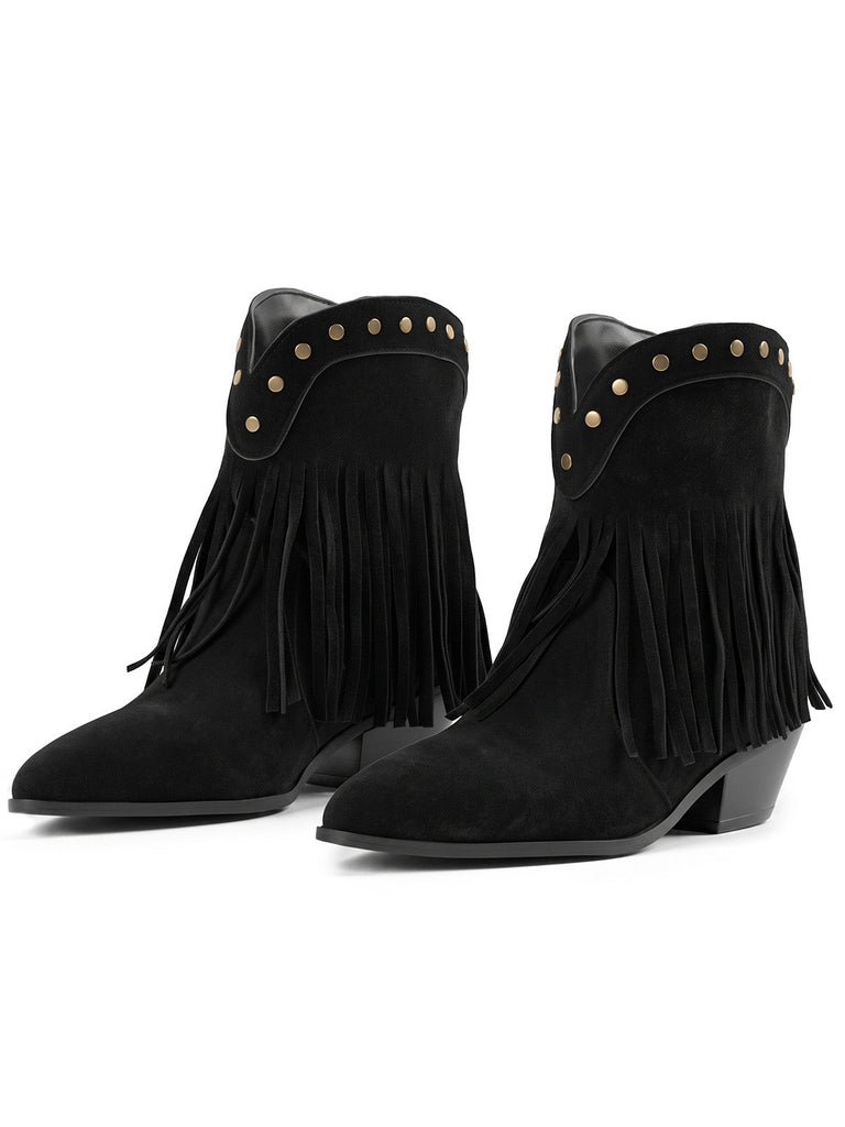 Bottes western noires mi-mollet à franges et laçage - 1