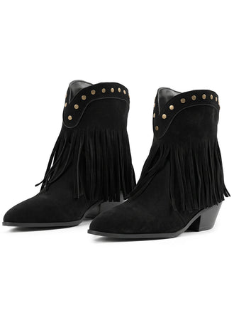 Bottes western noires mi-mollet à franges et laçage - 1