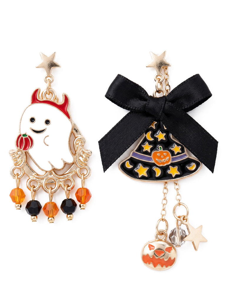 Boucles d’Oreilles Halloween Orange et Noires à Fantôme et Chapeau de Sorcière - 1
