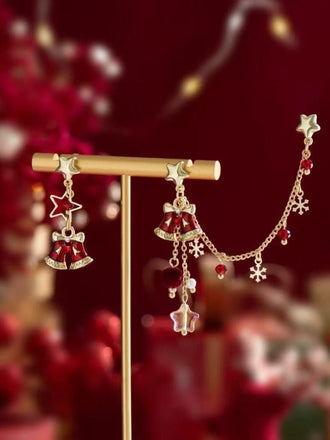 Boucles d’oreilles pendantes asymétriques de Noël à chaînes étoile et clochette - 1