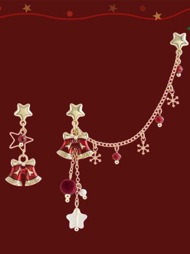 Boucles d’oreilles pendantes asymétriques de Noël à chaînes étoile et clochette - 3