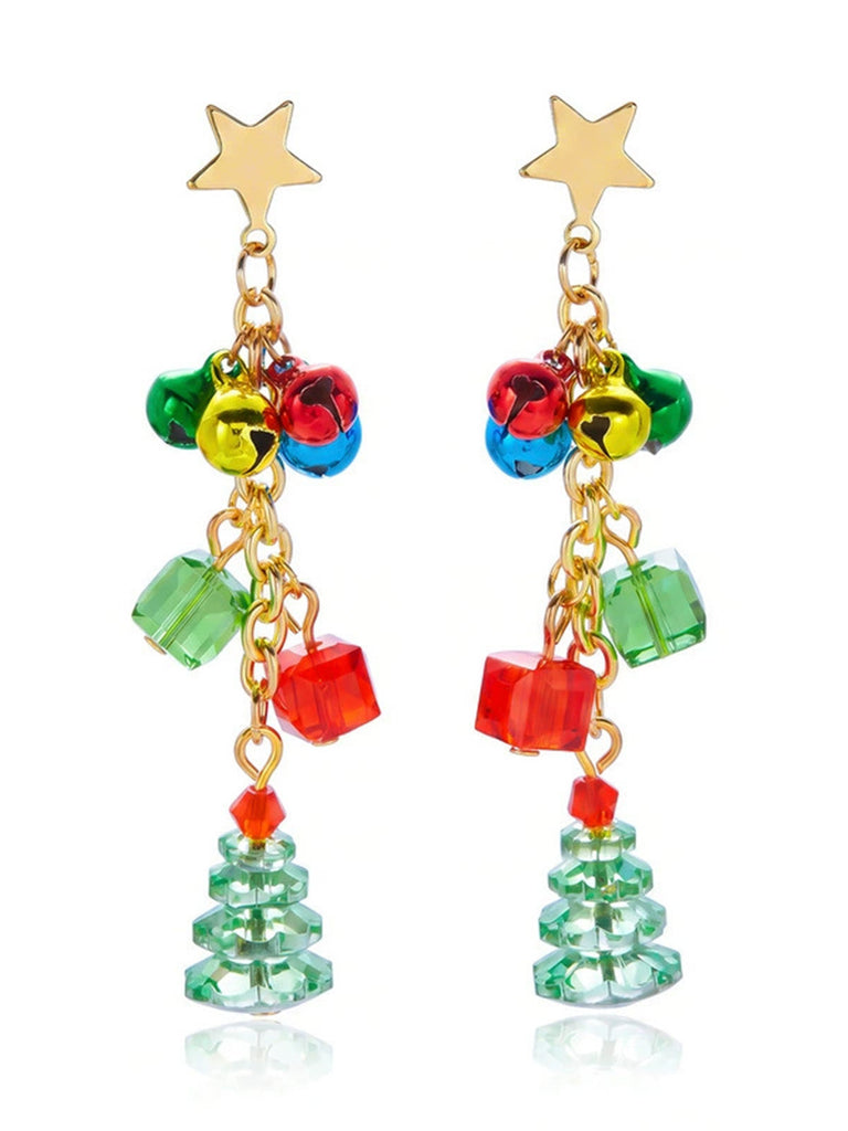 Boucles d’oreilles pendantes de Noël rouges et vertes sapin et clochette - 1