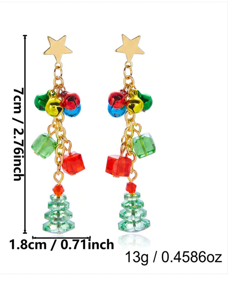 Boucles d’oreilles pendantes de Noël rouges et vertes sapin et clochette - 3