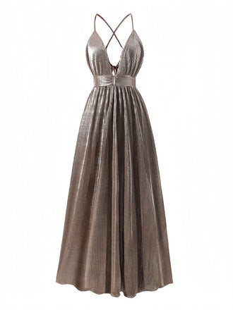 Sophisticated brown 1930s-inspired metallic evening dress featuring deep V-neck and cut-out accents, ideal for vintage parties and formal celebrations