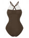 Brown swimsuit with lace detailing on a white background
