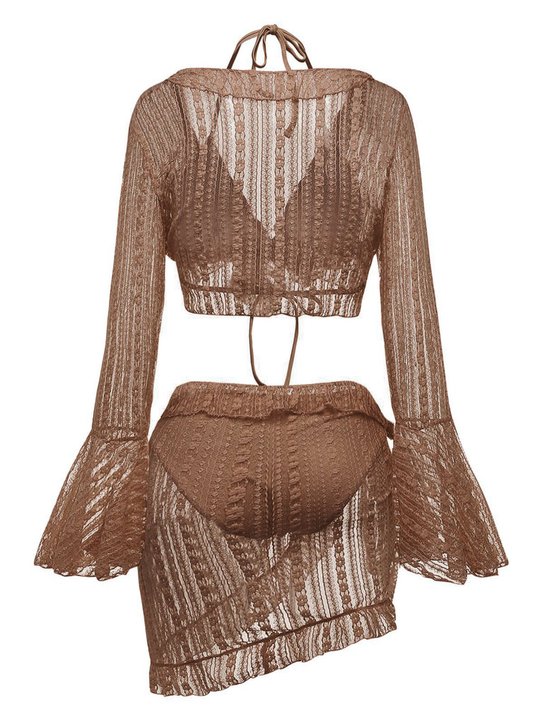 A 3-piece bikini set with a lace bell-sleeve cover-up in a rich chocolate brown.