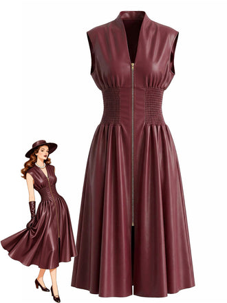 Bordeaux Faux Cuir Manches Courtes Waisted Robe Années 1940