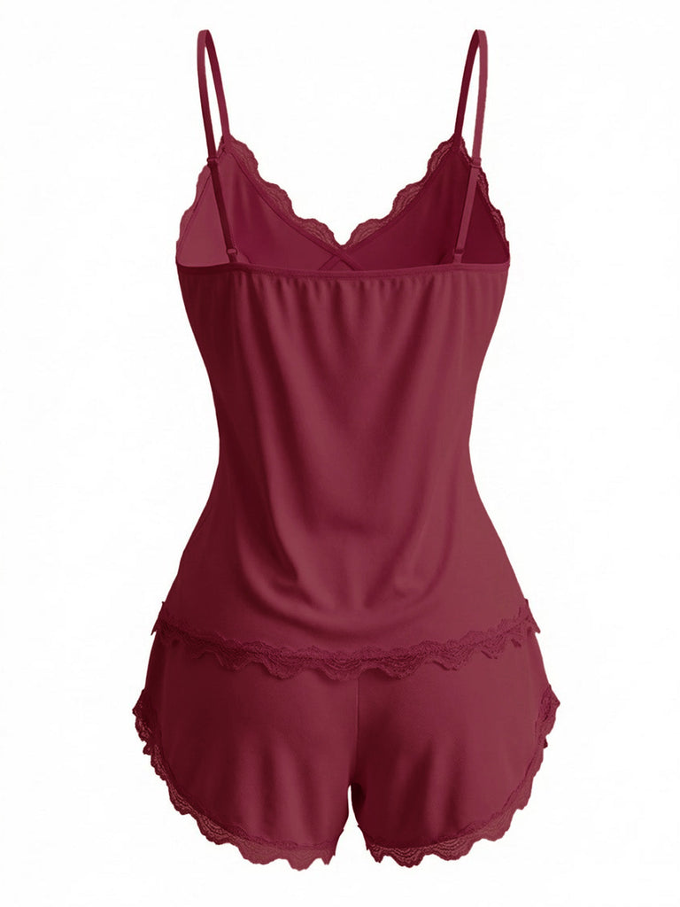 Rear view of the deep red lace-trimmed camisole set, highlighting the soft and comfortable stretch fabric.