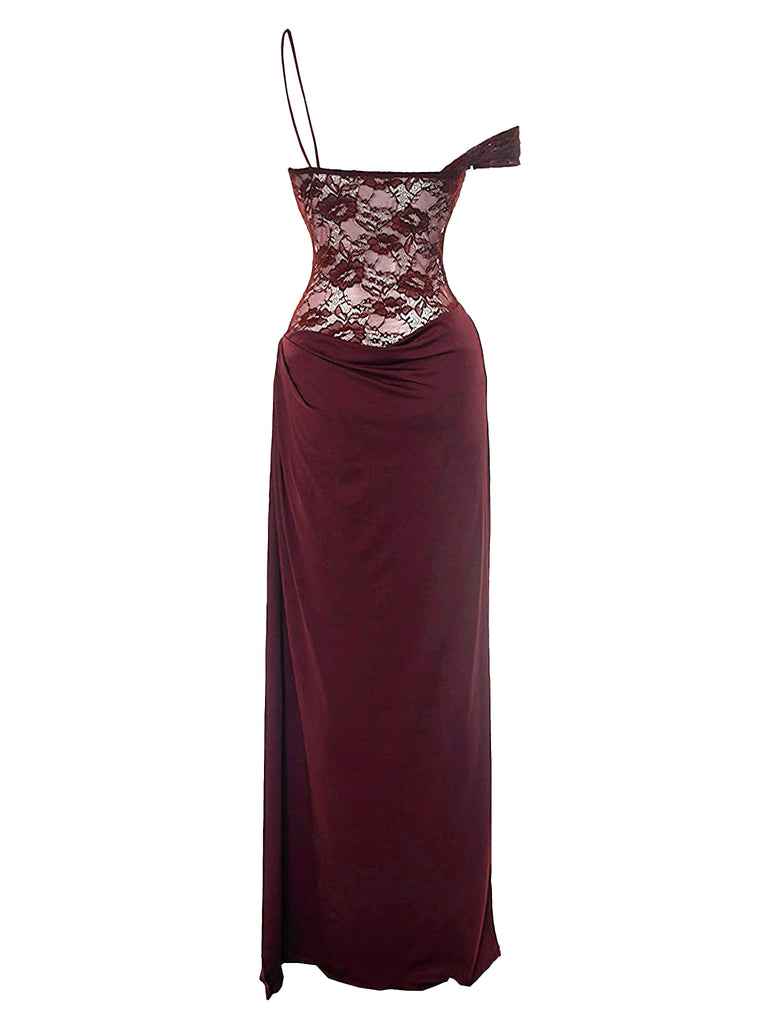 Side-angled view of the burgundy maxi dress highlighting the elegant draped neckline.