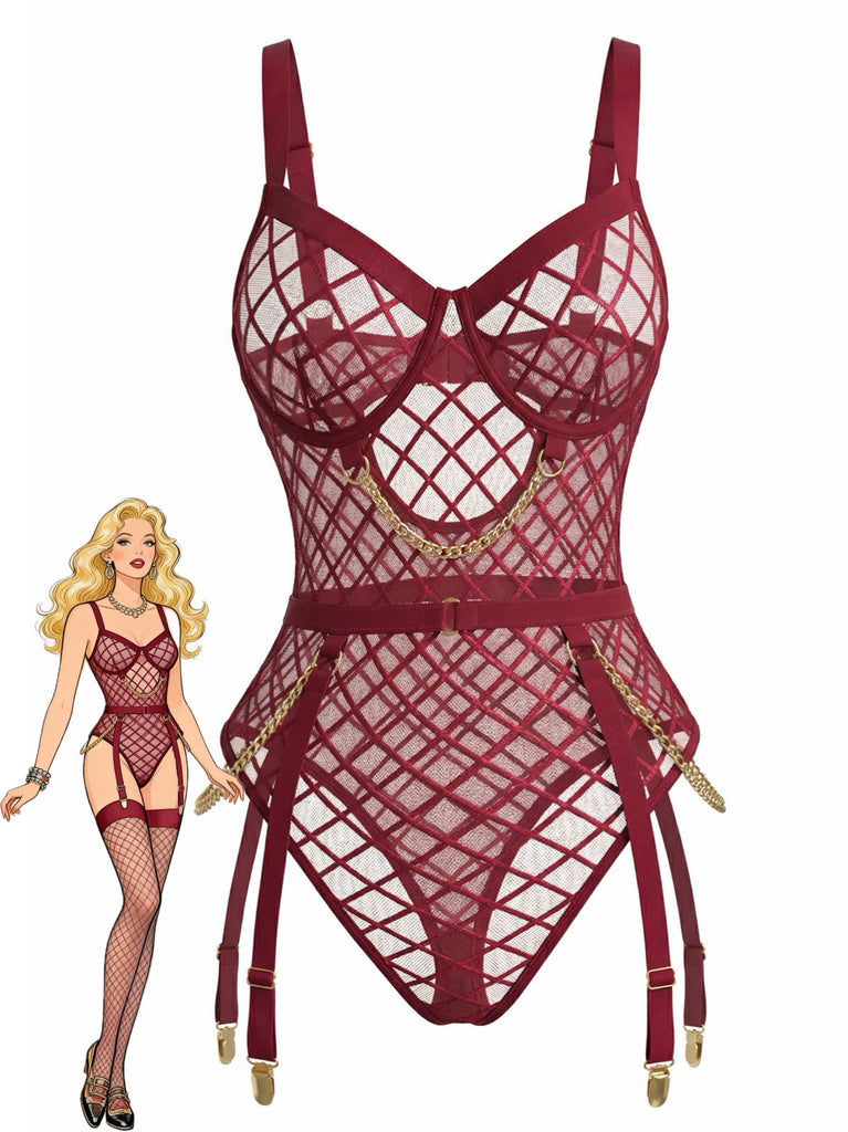 Lingerie en résille transparente à bretelles et chaînes années 1970