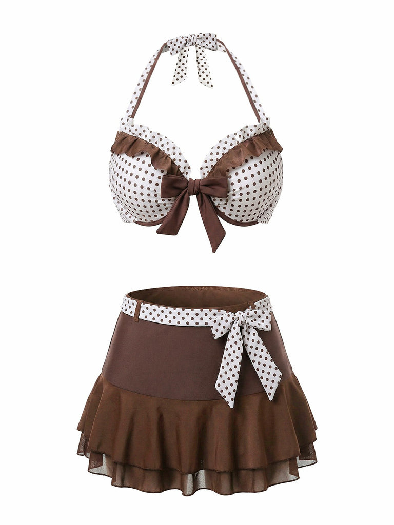 Maillot De Bain Jupe Bretelles Nues Marron À Pois Volants Année 1970