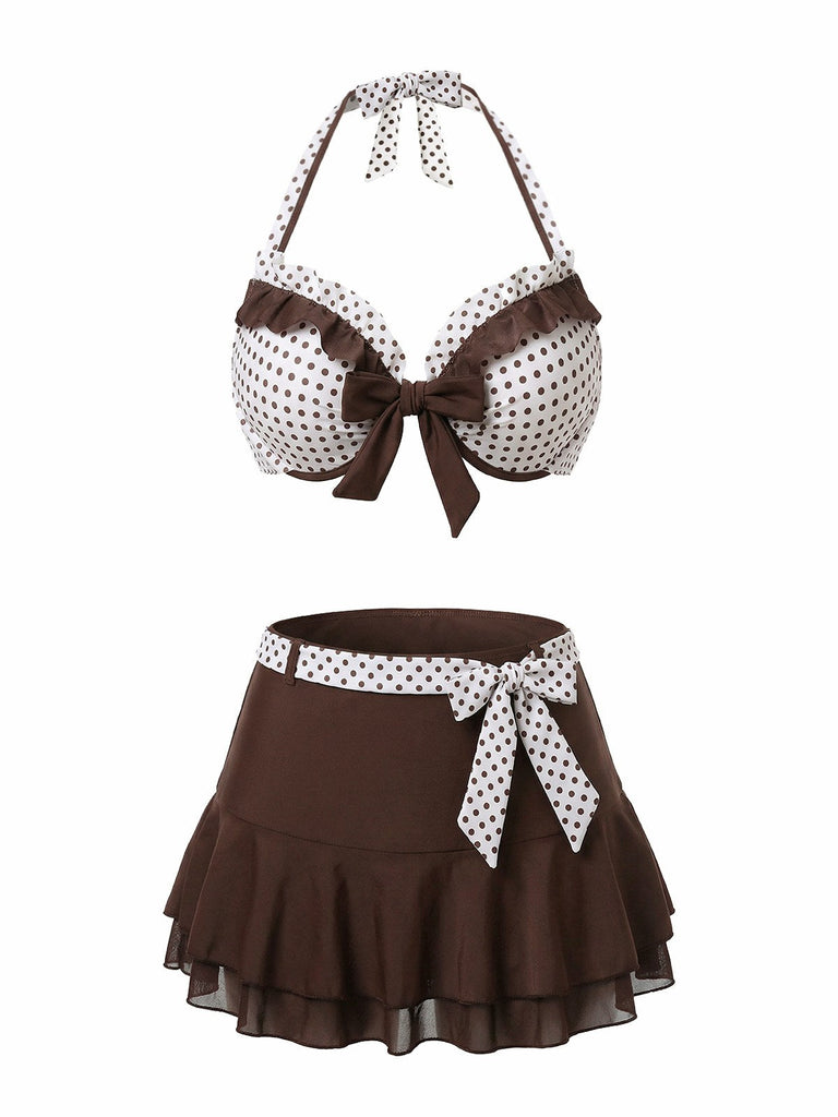 [Prévente] Maillot De Bain Jupe Bretelles Nues Marron À Pois Volants Année 1970